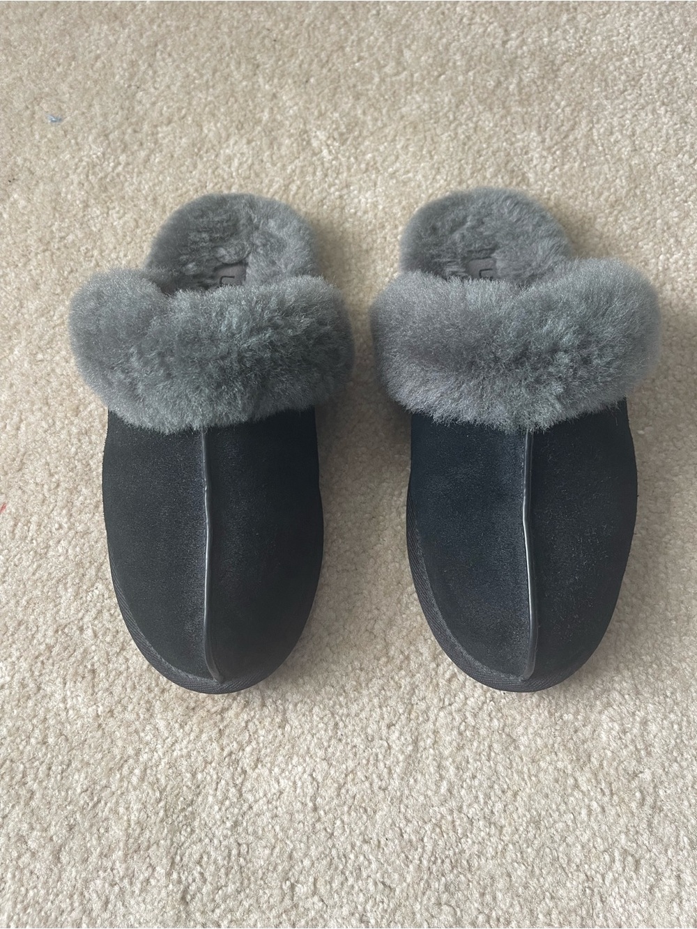 UGG Women's Black Suede Fur-Trim Slip-On Slippers- Never worn outdoors